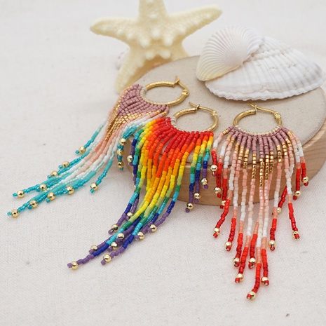 Miyuki rice beads woven rainbow long tassel beaded earrings's discount tags