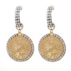 Fashion Round Coin Embossed Portrait Diamond-studded Earrings