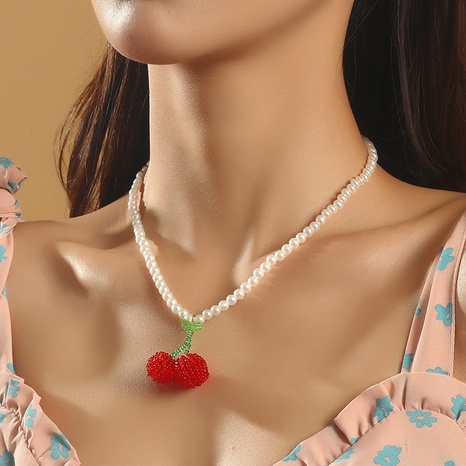 Bohemian hand-woven fruit cherry rice bead necklace's discount tags
