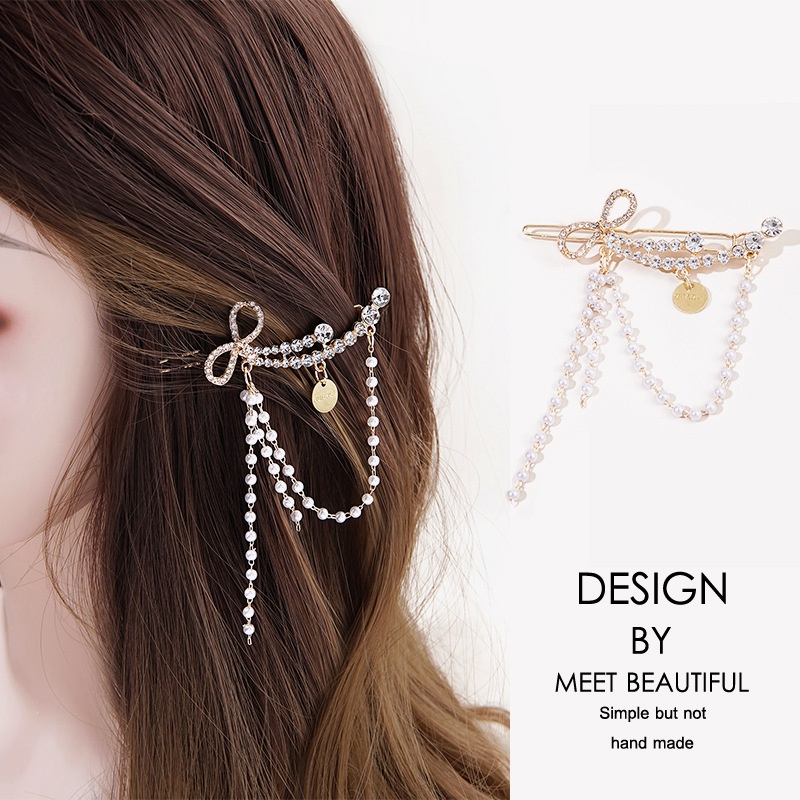 fashion pearl tassel rhinestone bow hair clip