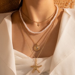 Simple Starfish Pearl Alloy Diamond 4-layer Pendant Necklace