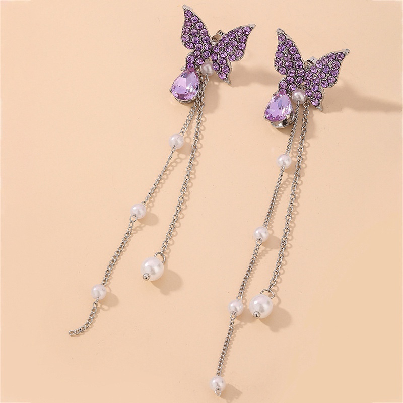 Korean rhinestone butterfly pearl tassel earrings