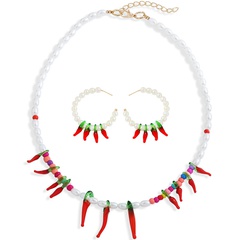 Za Same Design Necklace Set Earrings Elegant Pearl Necklace Red Colored Glaze Pepper Pendant Ornaments