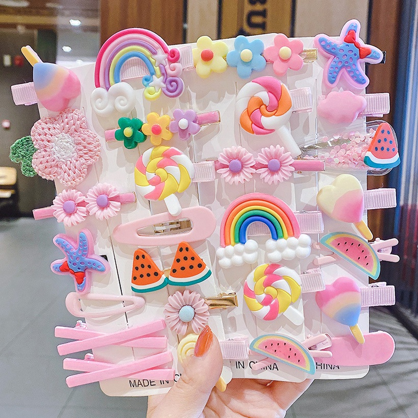 Korea children rainbow cartoon hairpin candy color 14piece hair clips set