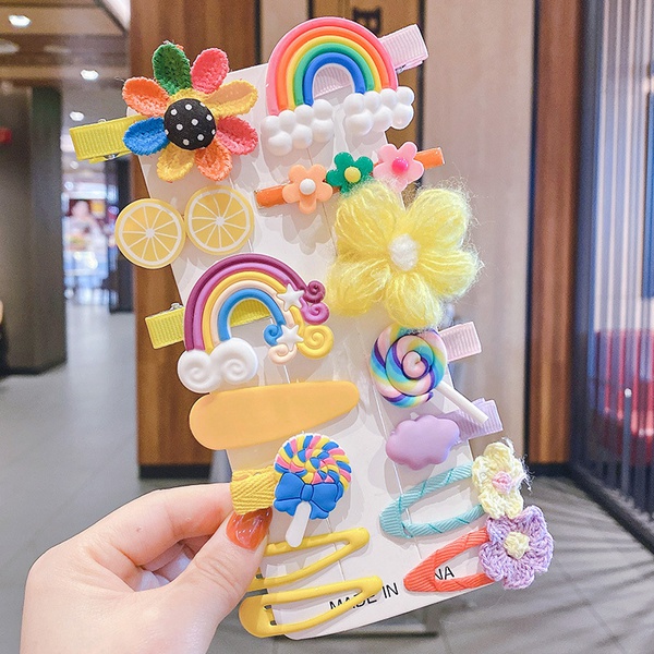 Korea children rainbow cartoon hairpin candy color 14piece hair clips set