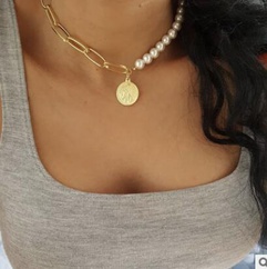 52098 Europa y América Cruz frontera nuevo collar de perlas creativo Simple Vintage perla moneda cabeza colgante collar