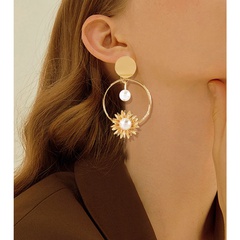 retro alloy sunflower inlaid pearl long earrings