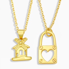 Fashion hollow heart-shape lock copper inlaid zircon necklace