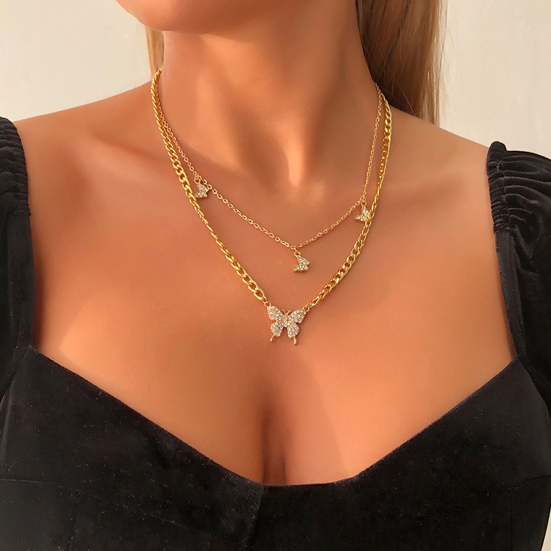 N8242 CrossBorder Fashion DoubleLayer Clavicle Chain Fairy Butterfly DiamondEmbedded Temperament Necklace Exaggerated and Personalized Creative Necklace