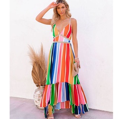 vestido largo de encaje con estampado de rayas de arco iris de nueva moda