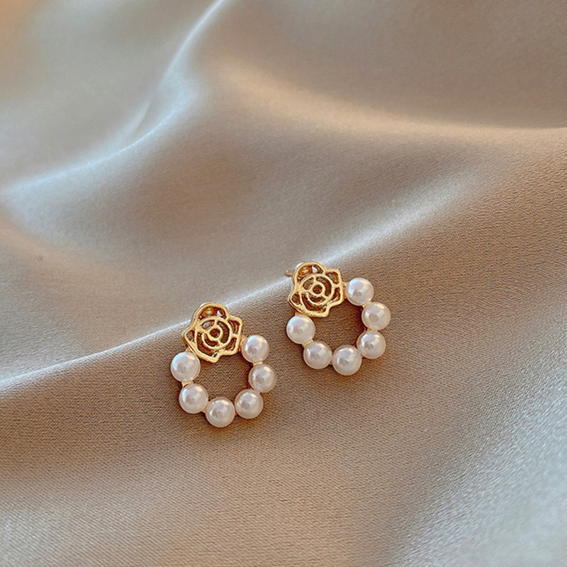 Korea pearl rose flower alloy earrings