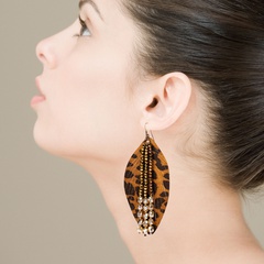 Bohemian Leopard Print Long Crystal Earrings Leaf Leather Tassel Earrings