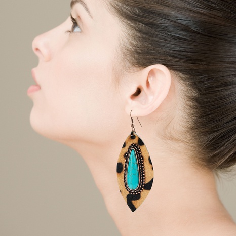 Exaggerated drop-shaped turquoise leather leopard print earrings  NHLN340761's discount tags