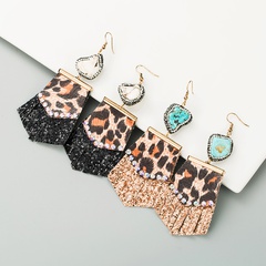 Leopard print long leather earrings natural stone diamond earrings