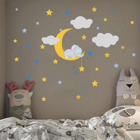 Cartoon baby elephant moon clouds stars children's room wall stickers's discount tags