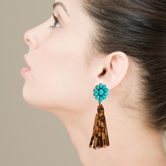 Hot Leopard Print Leather Tassel Long Earrings Bohemian Exaggerated Flower Turquoise Earrings