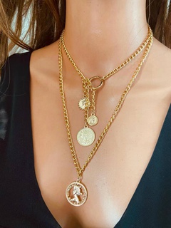 Fashion human head coin multilayer alloy necklace wholesale