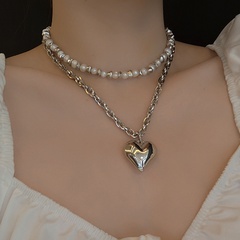fashion new style double layer hip-hop pearl love short multi-layer necklace
