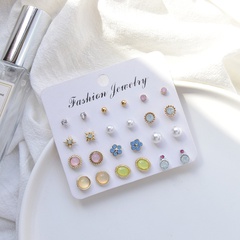 Fashion geometric pearl rhinestone earrings 12 pairs set