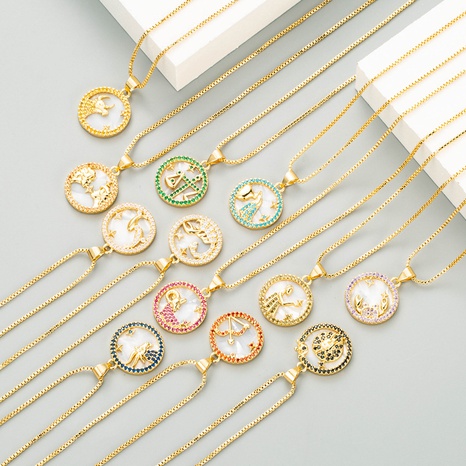 Fashion twelve constellation round shell copper inlaid zircon necklace wholesale's discount tags