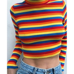 fashion style Color striped cropped bottoming top