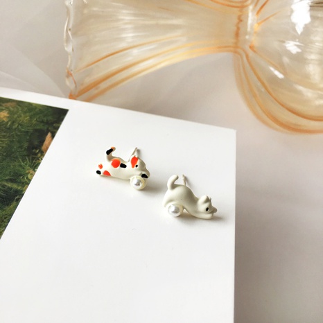 S925 silver needle creative cute asymmetric cat earrings NHBY342623's discount tags