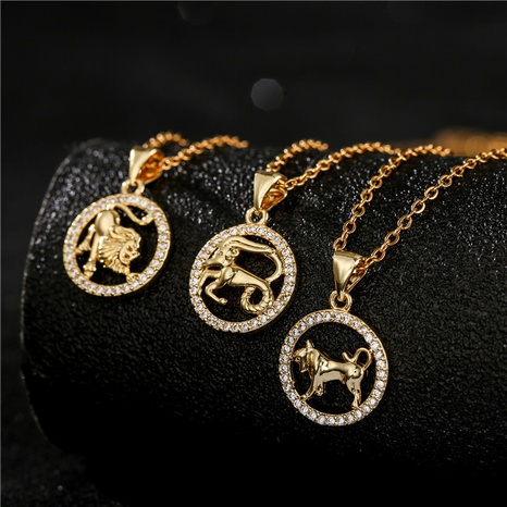 Fashion golden twelve constellation copper inlaid zircon necklace wholesale NHFMO342654's discount tags