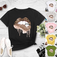 Summer sexy leopard print lips print casual short-sleeved T-shirt