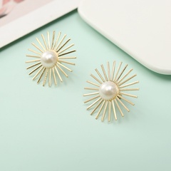Fashion inlaid pearl round flower hollow metal earrings wholesale