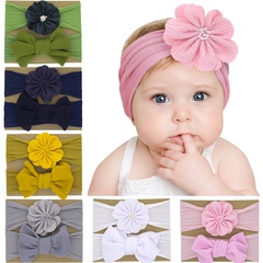 Cross-Border Children's Ornaments Wholesale Baby Nylon Solid Color Flower Headband Baby Bow Hair Band Two-Piece Set