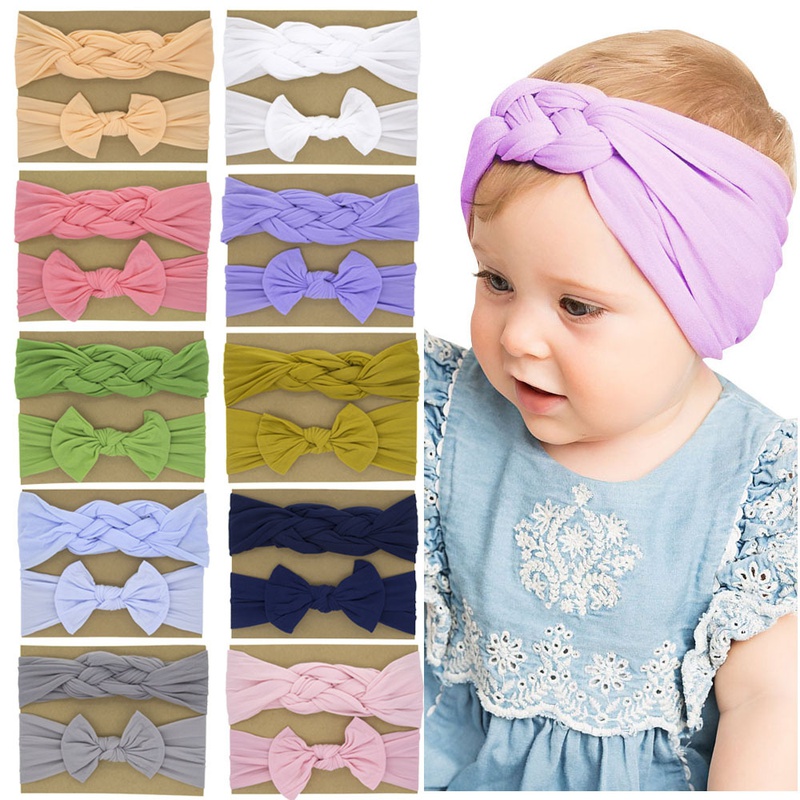 childrens nylon bow solid color elastic knot hairband set