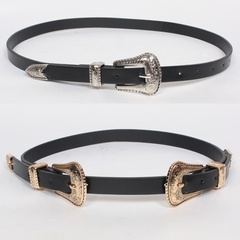 Fashion double head carved silver buckle thin belt wholesale