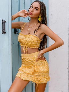 Fashion yellow summer polka dot sling short sleeve set
