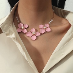 Collar de aleación de flor de perla rosa simple al por mayor
