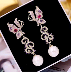 fashion metal diamond butterfly pearl earrings