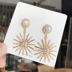 Korean sun flower pearl rhinestone alloy earrings wholesale