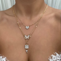 Kristall Mode Pfirsich Herz Schmetterling Schloss dreischichtige Halskette