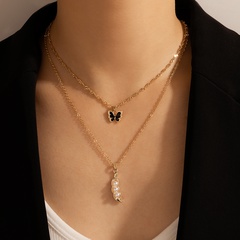 korea Sweet Cute Butterfly Chain Pearl Pea Pod Pendant Necklace 2-Piece Set