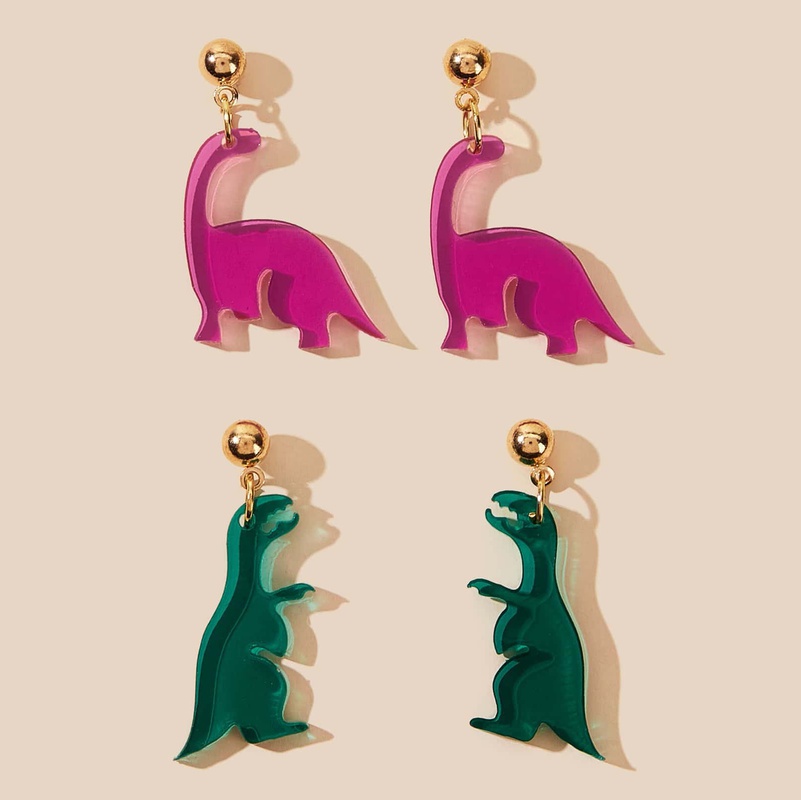 Conjunto de 2 piezas de pendientes de dinosaurio transparentes lindos creativos