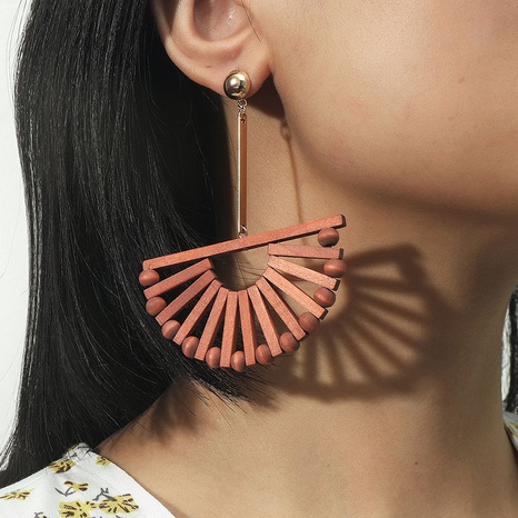 Bohemian geometric woven wooden fan-shaped long earrings's discount tags
