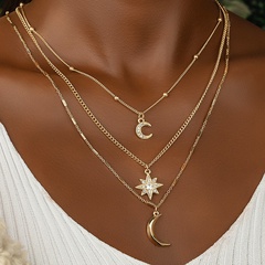 Fashion three-layer diamond-studded star moon alloy necklace wholesale