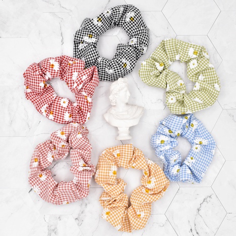 Korean style plaid daisy printing fabric hair scrunchies's discount tags