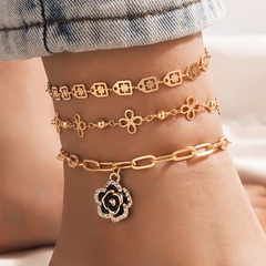 New fashion style Rose Flower Diamond Hollow Chain 3-Piece Anklet