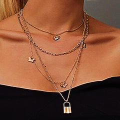 retro butterfly lock peach heart pendant multi-layer necklace
