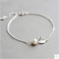 S925 Bracelet en argent sterling à la mode avec perles à petites feuilles
