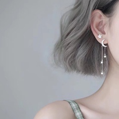 Korean style star and moon asymmetric long tassel earrings