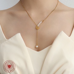 imitation pearl pin tassel pendant titanium steel necklace