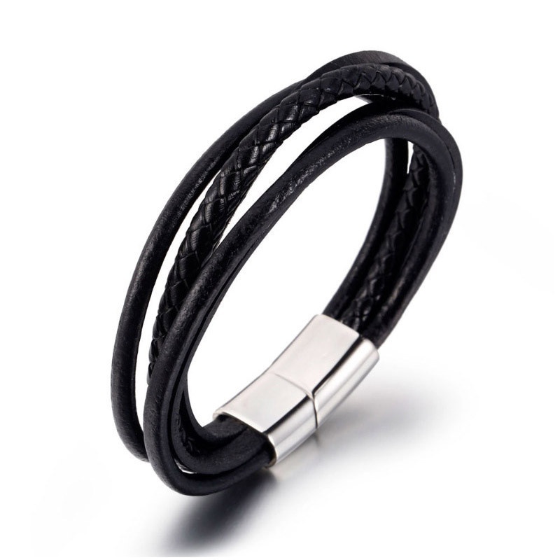mens multilayer titanium steel handmade leather braided bracelet