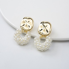Korean pearl silver needle metal circle earrings