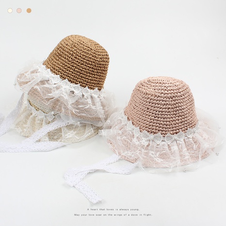 Sombrero de paja de los niños de la malla del cordón de la perla del Bowknot del estilo coreano NHXO352388's discount tags
